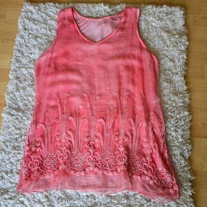 SOFT SURROUNDINGS Pink Embroidered Sleeveless Top Silk‎ Size XL